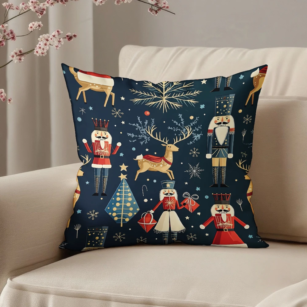 Square Throw Pillow Cover Navy Blue Christmas Nutcracker Reindeer Snowflake Print Decorative Cushion Case For Living Room