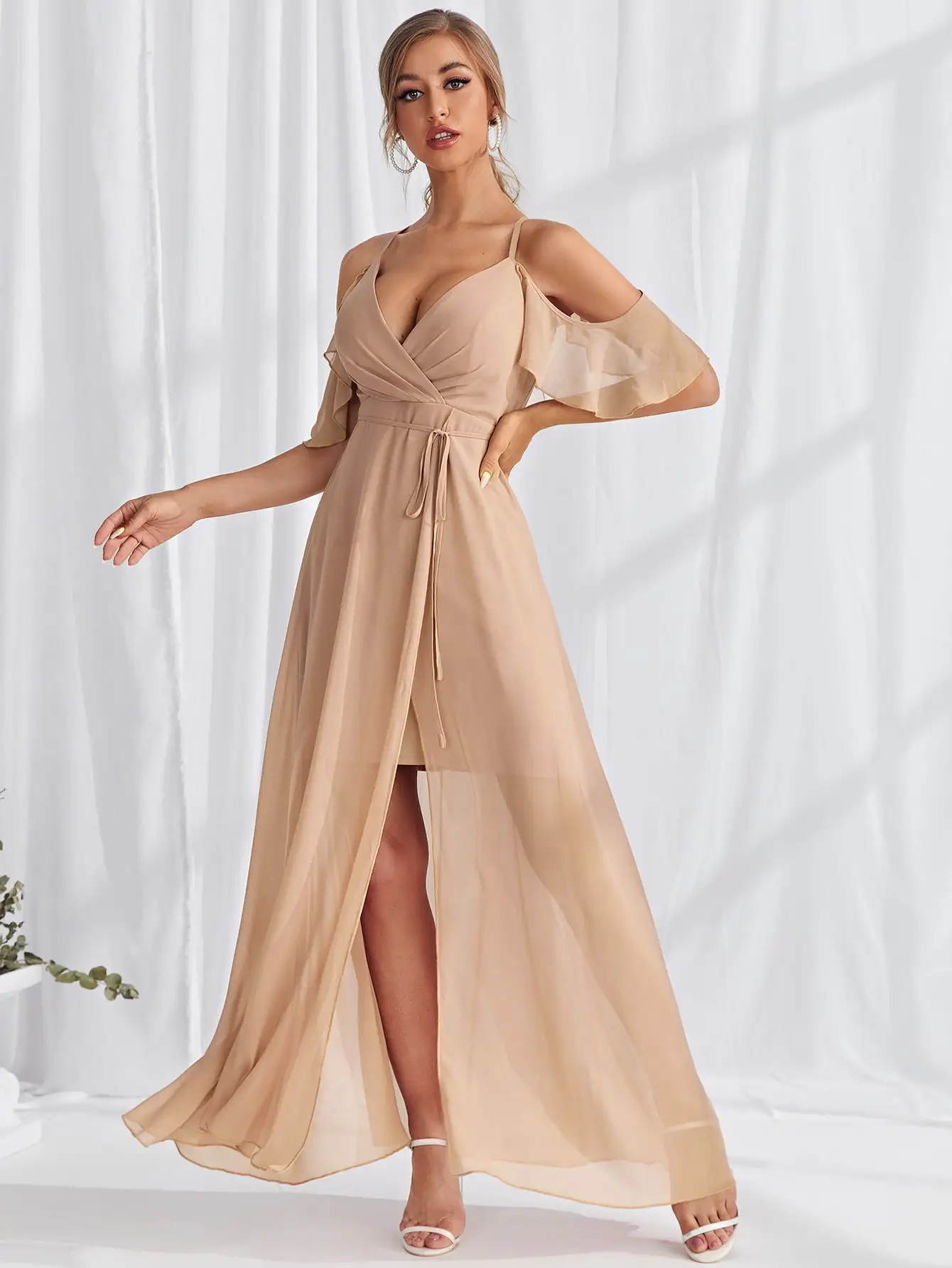 Uni thorse Cold Shoulder Wrap Saum Gürtel Maxi Ballkleid