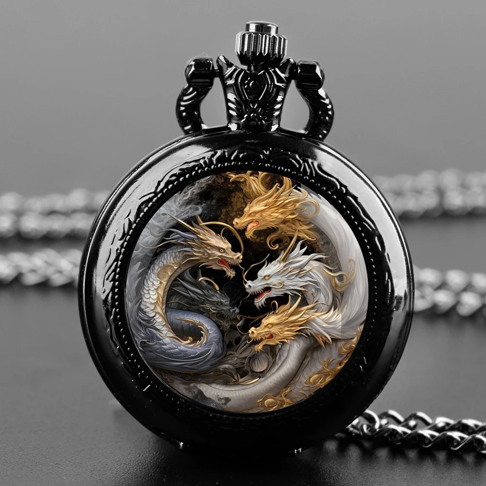 Vintage Pocket Watch Creative Cool Dragon Black Quartz Pocket Watch FOB Chain Clock Pendant necklace Watch for Men Women Gift