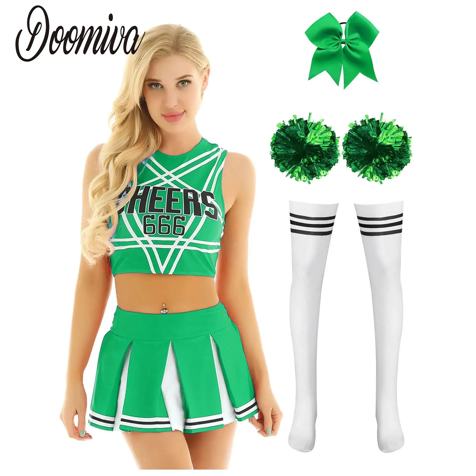 

Women Cheerleaders Cheer Dance Schoolgirls Outfits Party Cosplay Costume Cropped Tops and Mini Skirt Flower Balls Stockings Set