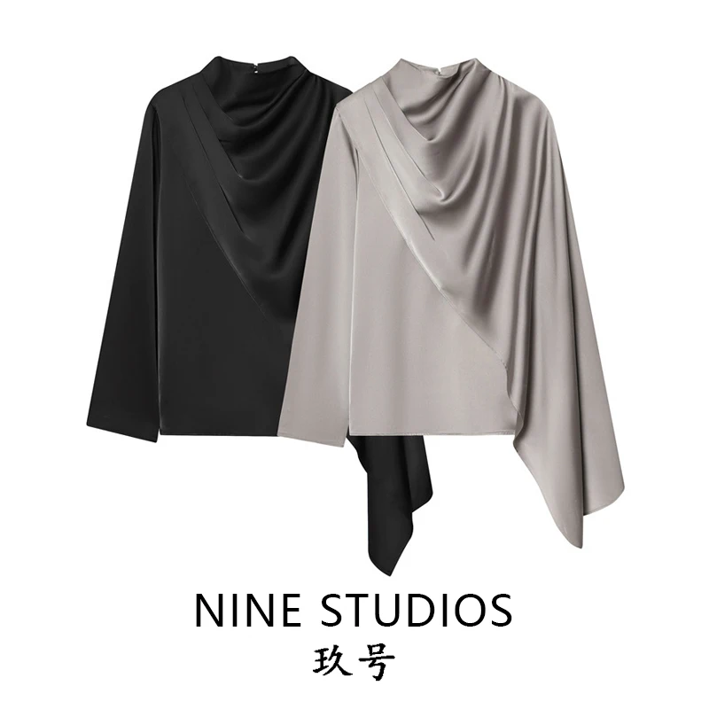 

Nine Zar Women's Silk Satin Long Sve irt with oulder Design Pleated Texture Loose Fit Comfortable Breathable Summer Fa...