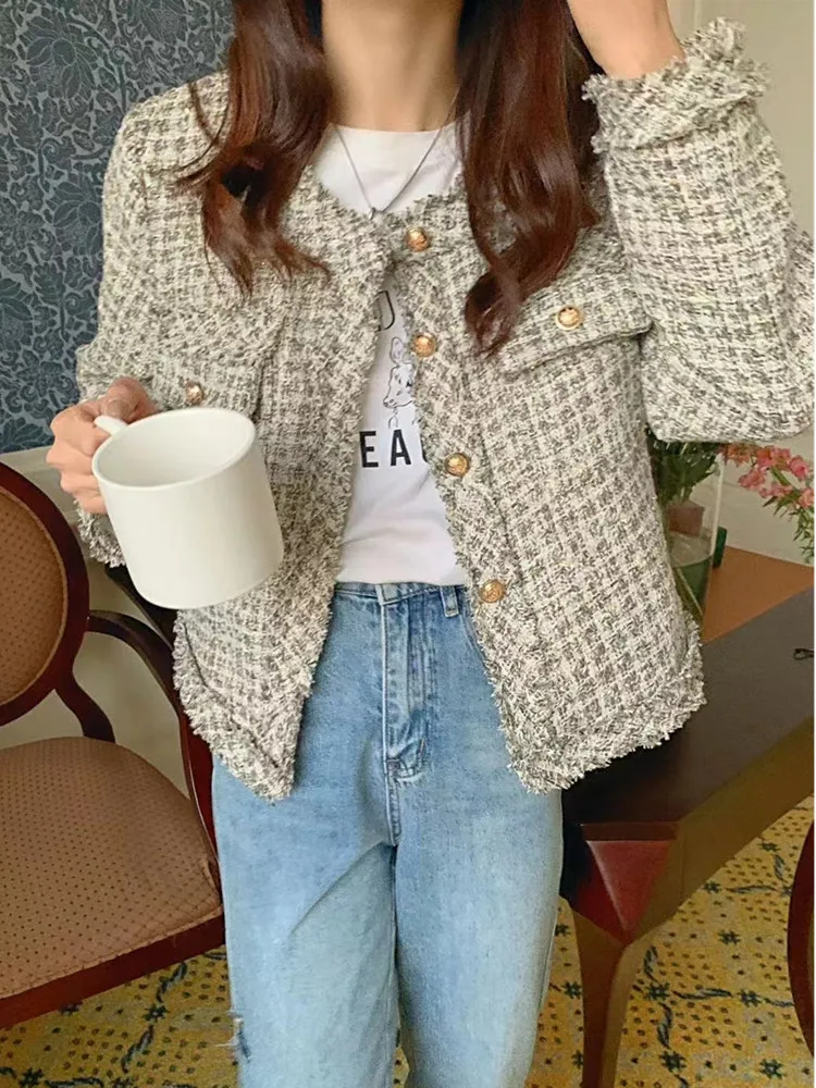 SMTHMA New Fashion Vintage Elegant Women Woolen Tweed Coat O-Neck Slim Short Jackets Korean Wool Blends Outwear Tops