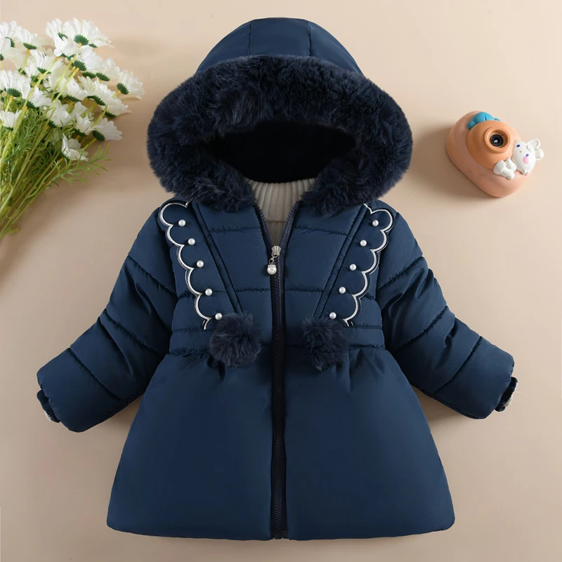 2024 new Winter Baby Girls Jacket Pearl Embellishment Lining Plush Thick Keep Warm Big Fur Collar Hooded Coat For 1-4 Years Kids