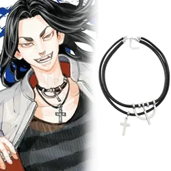Anime Tokyo Revengers Keisuke Baji Necklace Punk Cross Pendant Multilayer Black Leather Necklaces For Men Women Cosplay Jewelry
