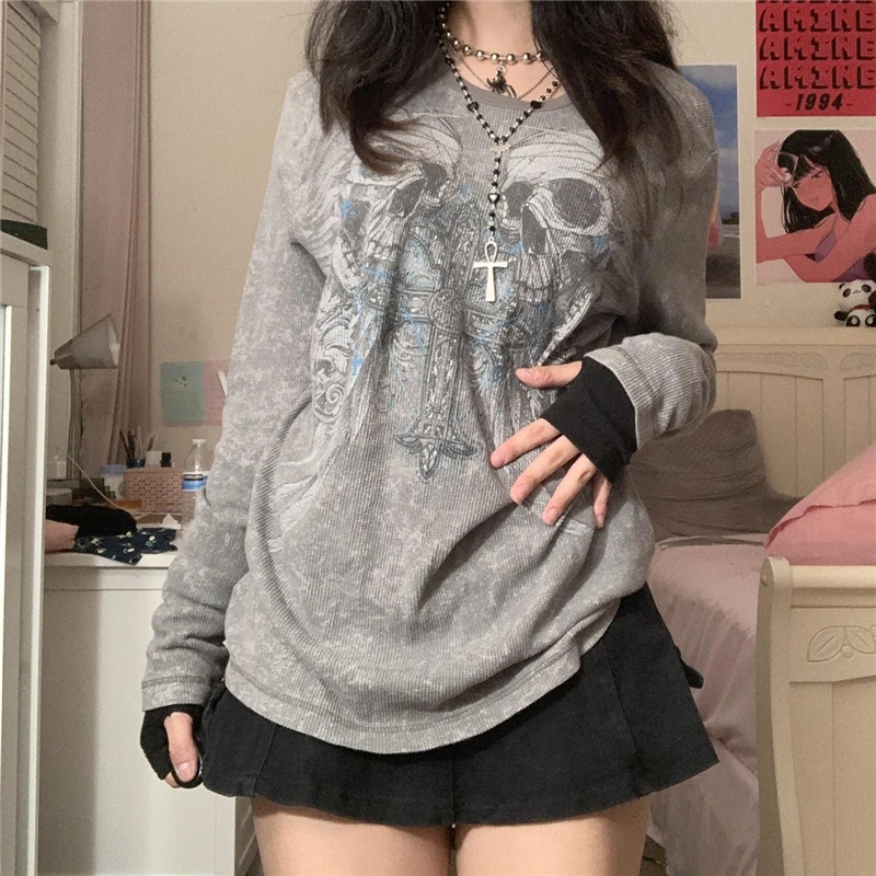 Gothic T Shirt Women Fairycore Grunge Long Sleeve Tops 2000s Aesthetic Punk Style Clothes y2k E Girl Tee Streetwear