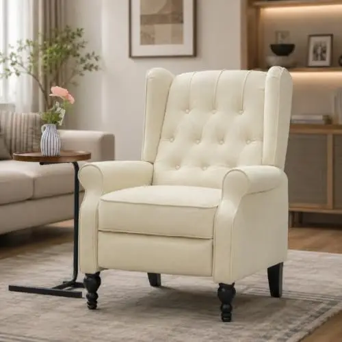 Mid Century Wingback Recliner Chair for Adults, Modern Linen Fabric Push Back Recliner Chairs with Button Tufted