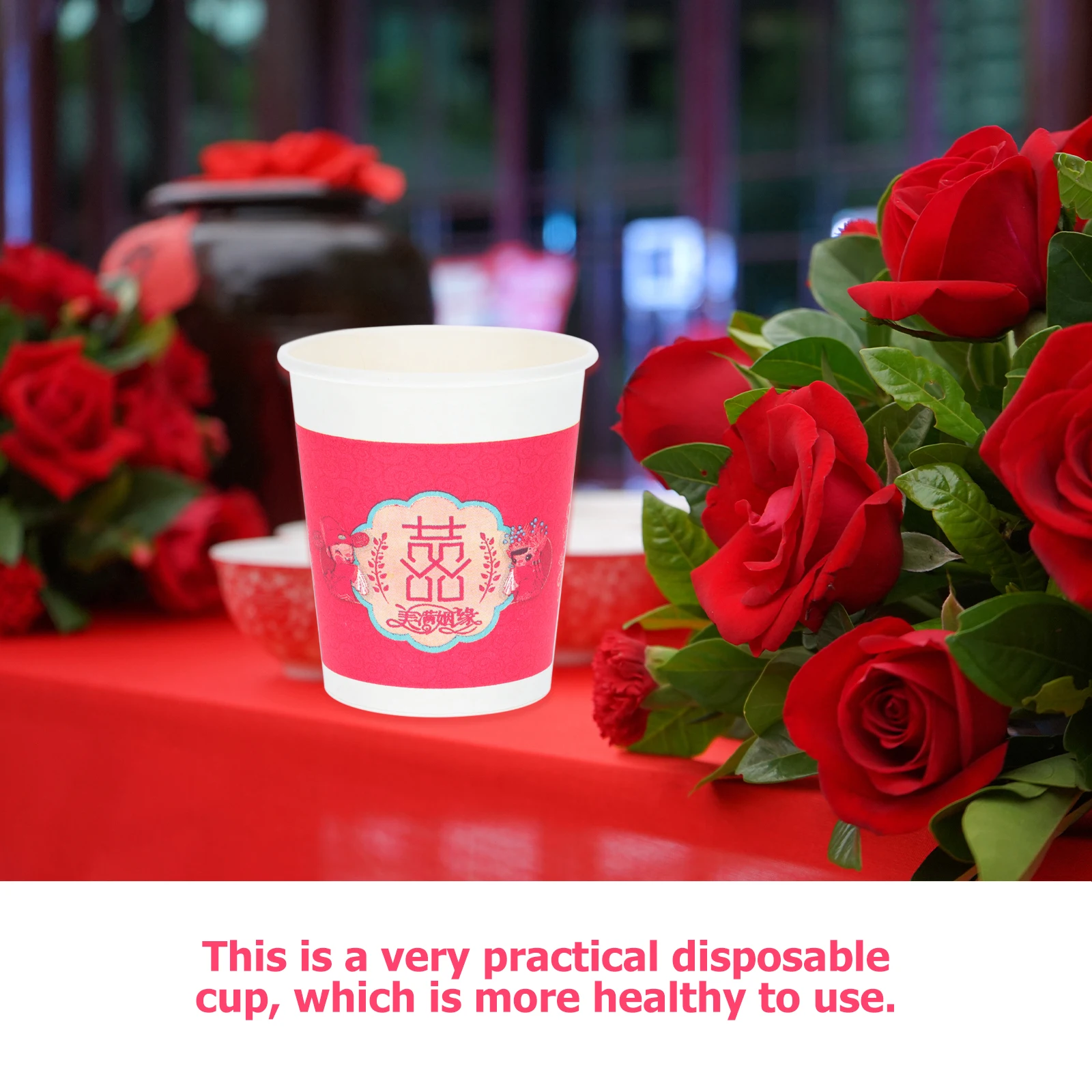 

50 Pcs Wedding Cups Party Coffee Double Happiness Hot Drinking Pink with Cover Paper Tea Bride