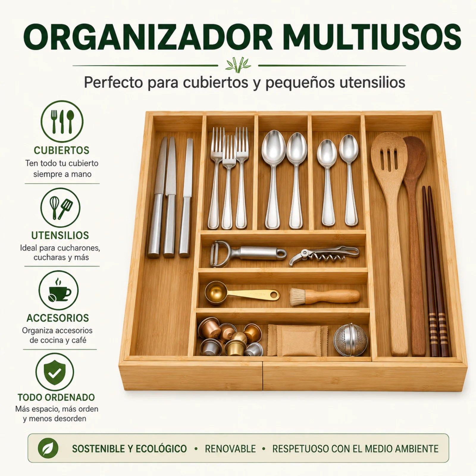 Organizador de cubiertos extensible de bambú | 31-51 cm, 7 compartimentos (1.14 €/cm de longitud extensible)