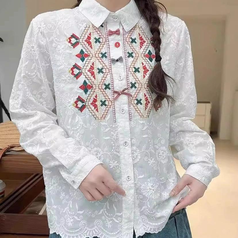 

autumn women embroidery shirts long sleeve geometric blouses tops