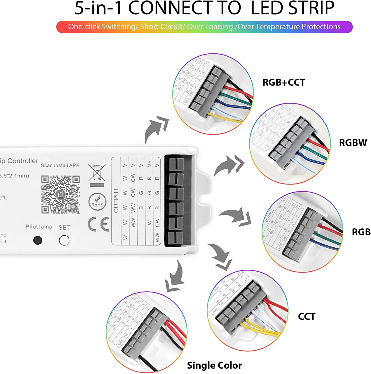DC12-24V WB5 LM051 LM052 LM053 1 in 5 LED Driver WiFi BT Mesh Zigbee Tuya Alexa Google Home Voice Control RGB RGBW dimmer Remote view 6