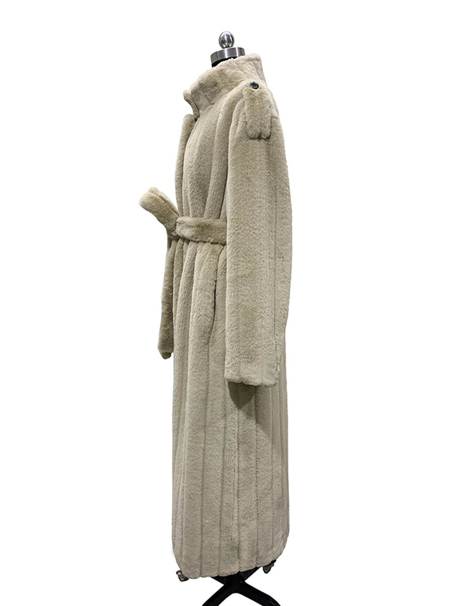 Nerazzurri Autumn Winter Long Thick Warm Striped Faux Fur Coat Women Stand Collar Sashes Loose Luxury Chic Fluffy Overcoat 2026
