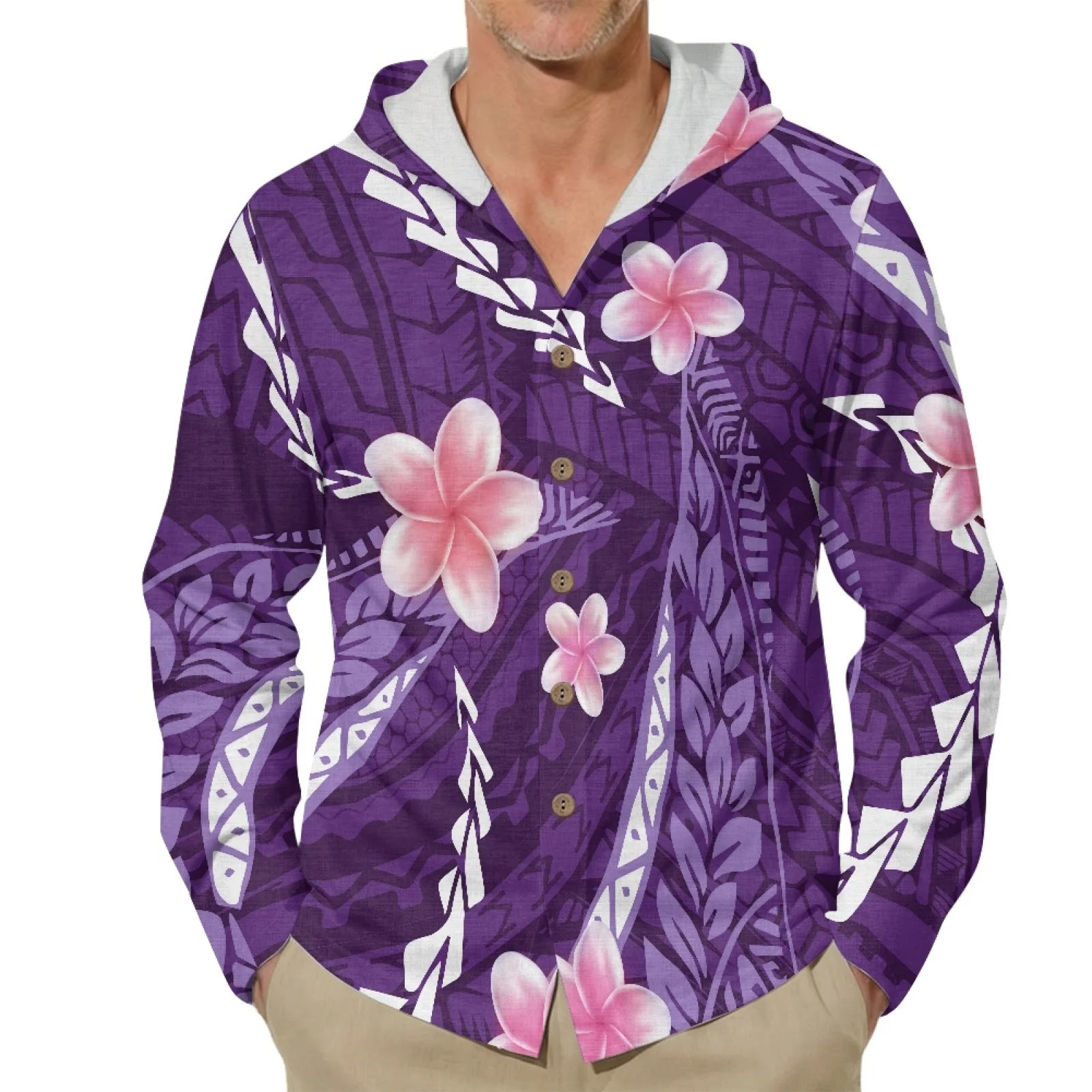 PENSTROLL Purple Floral Linen Style Casual Hoodie Button Up Workout Hoodies for Summer Size S-3XL