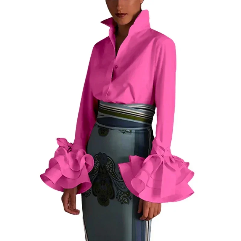 Modigirl 여성용 클래식 심플 셔츠, 플레어 슬리브, 팔발라 라펠 용수철, 도시 비즈니스 레이디 상의 블라우스, 2025 용수철 가을