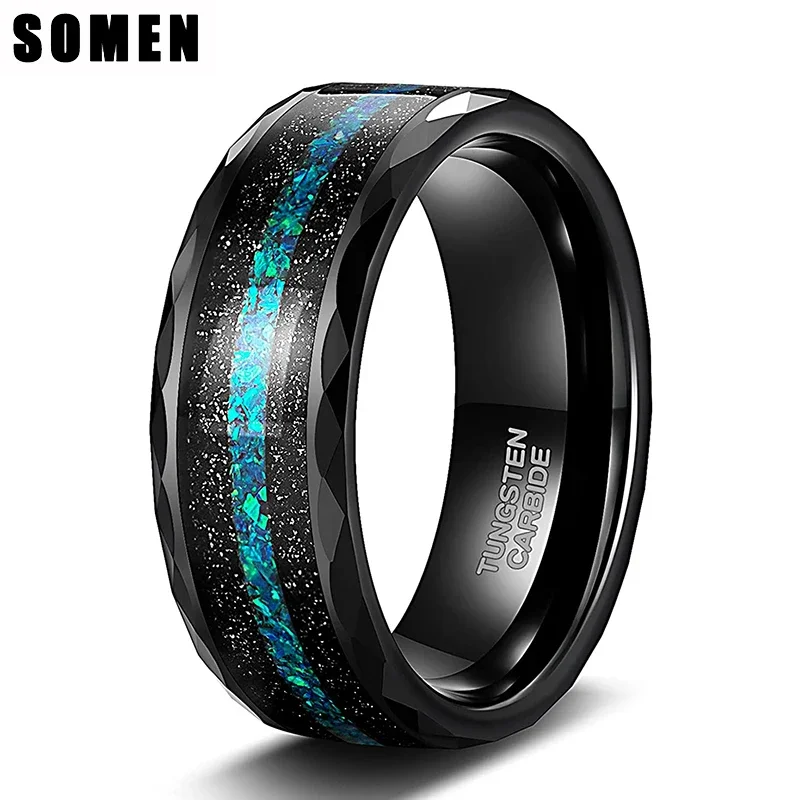 Somen 8MM Tungsten Mens Wedding Bands Multi-Faceted Edge with Black Sand and Green-Blue Opal Inlay Wedding Rings Comfort Fit Siz