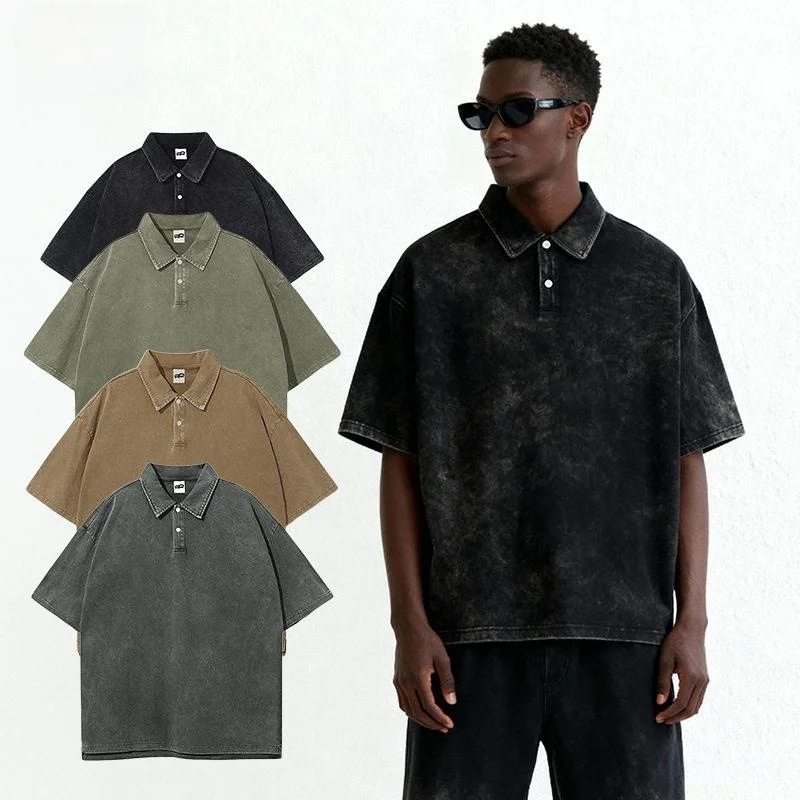 

Pure Cotton Summer T-Shirt Wax Dye Washed Short Sleeve Men's Shirt Collar American Retro Fashion Casual Urban Loose Fit