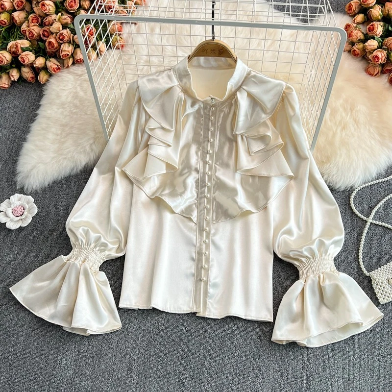 

Palace Style Retro Trumpet Sleeves Stand Collar Acetate Satin Shirt French Design Western Style Loose Top for Women
