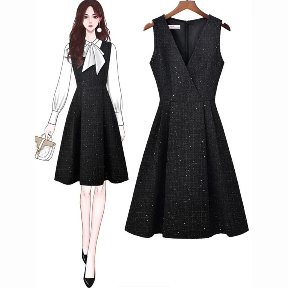 Vintage Elegant V Neck Tweed Vest Dress Women Slim Waist A Line Autumn Winter 2024 Vestidos Mujer French Chic Office Lady Robe