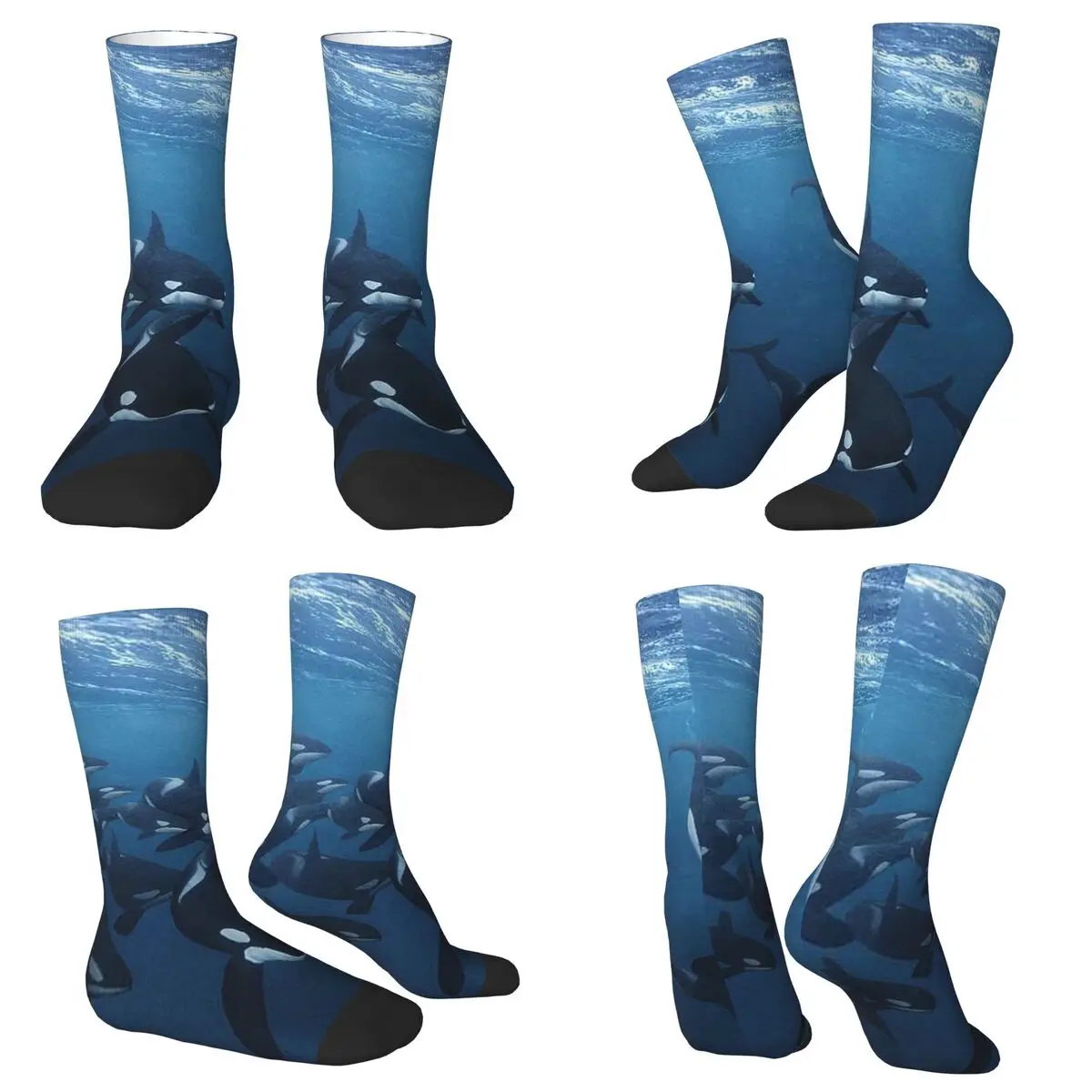 All Seasons Crew Stockings Bule Orca Whale Family Swimming In Sea Socks Harajuku Long Socks for Men Women Valentine's Day Gifts