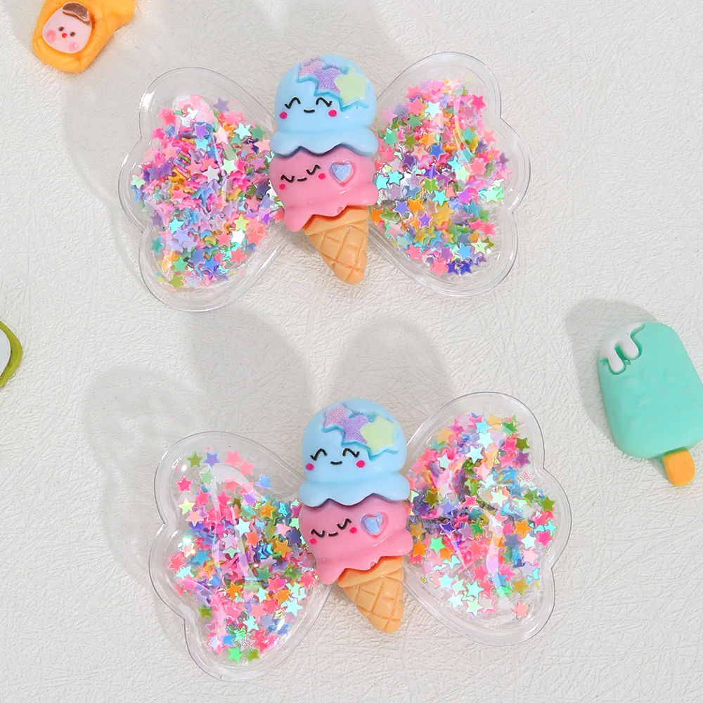 2pcs Butterfly Hairpins Quicksand Filled Cone Ice Cream Accessories Decorative Hair Clips Hair Bows Girl Hair Accessoires