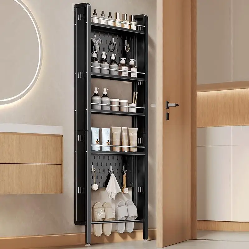 The shelf behind the bathroom door is multi-layer floor-to-ceiling hole plate and  slit is ultra-thin in  entrance
