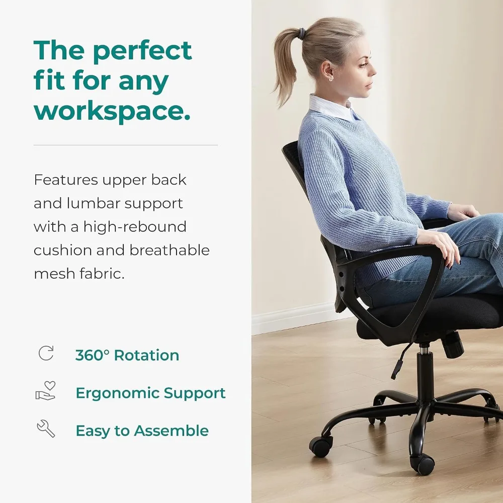 Kantoorcomputer Bureau Ergonomische Mid-Back Mesh Rollende Werk Draaibare Taakstoelen Met Wielen, Comfortabele Lendensteun