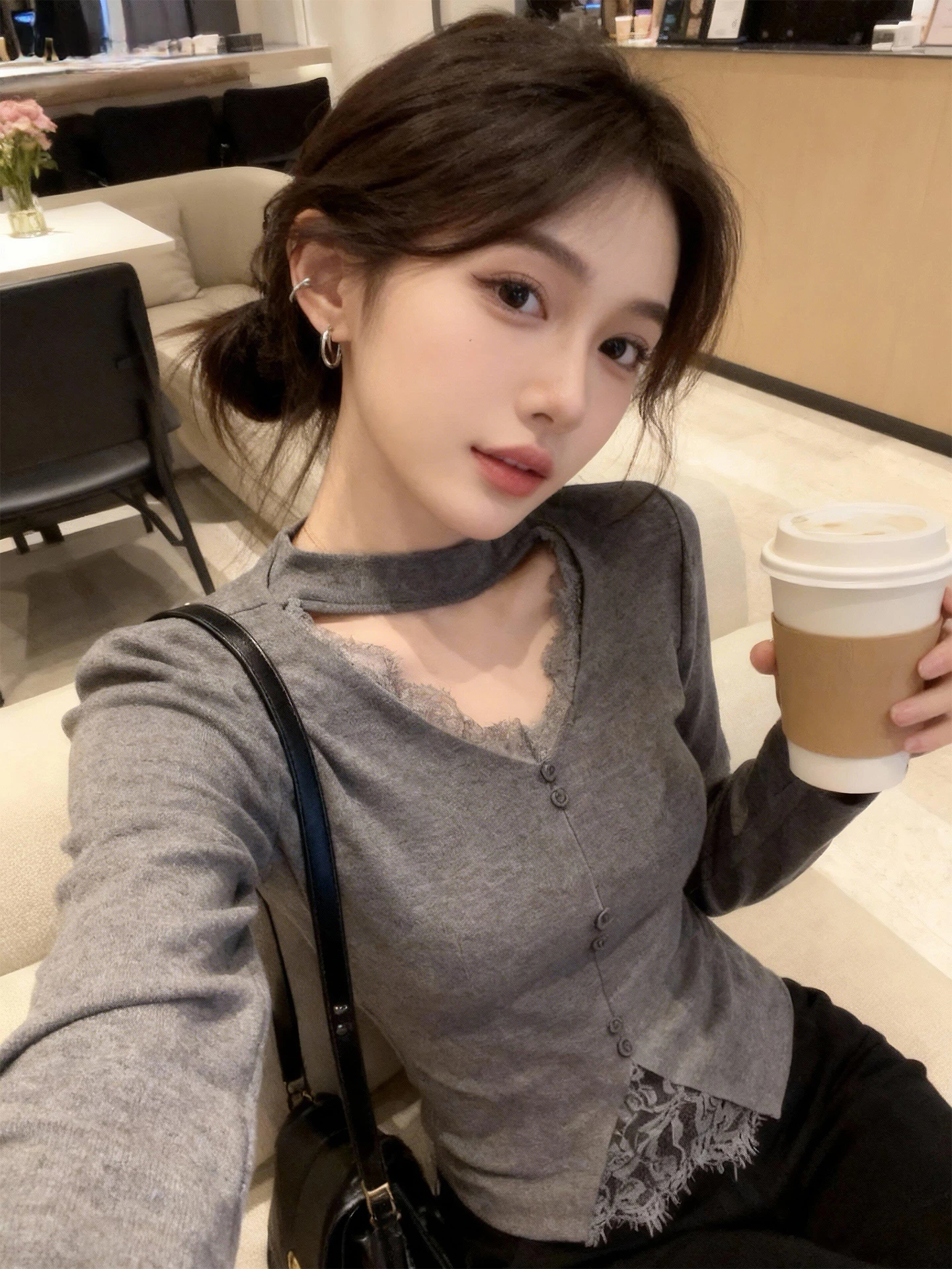 Coréen Sle ey dentelle Ne v-ne Long Sve femmes T-shirt tricoté coupe ajustée ort Design automne hiver haut Faionable