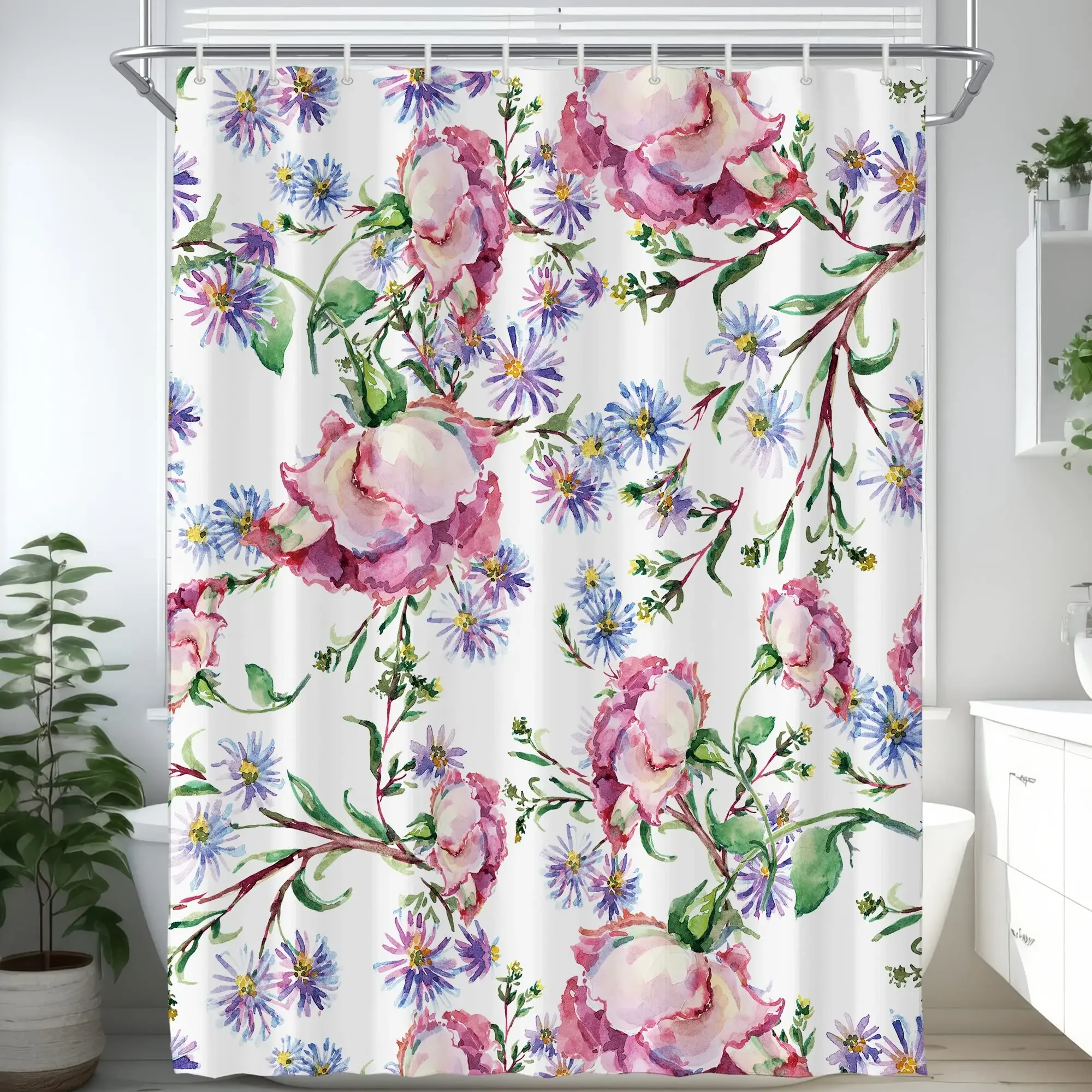 Watercolor Flower Shower Curtain, Vintage Plum Blossom Tropical Plant Green Leaf Bird Elegance, Bathroom Decor Set With Hooks