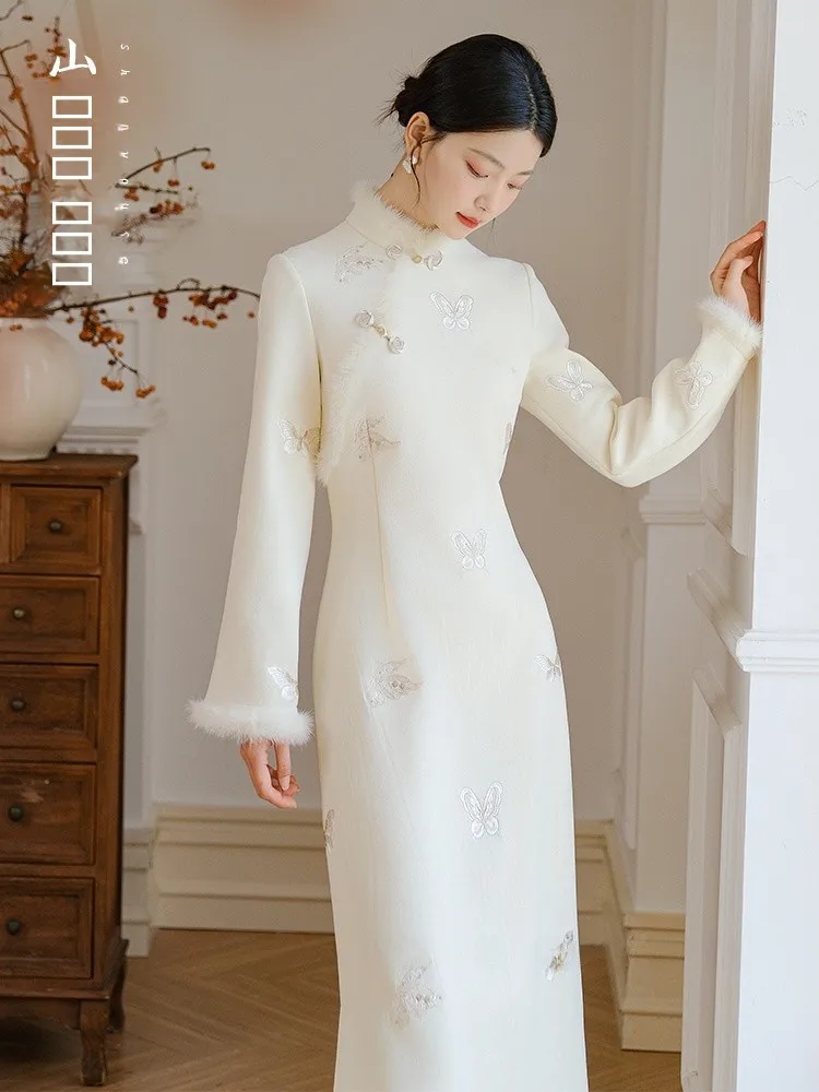 

Новое китайское платье-ципао из замши с вышивкой, улучшенное, с эффектом утончения талии, для женщин