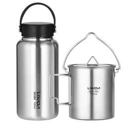 LIXADA 1050ml Stainless Steel Water Bottle Leak Proof Sports Bottle with 750ml Hanging Pot for Outdoor Camping Hiking