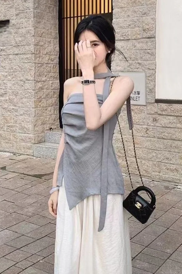 Women's Summer 2025 Off-Shoulder Bustier Top with Asymmetric Design for Commuting and Stylish Outfits