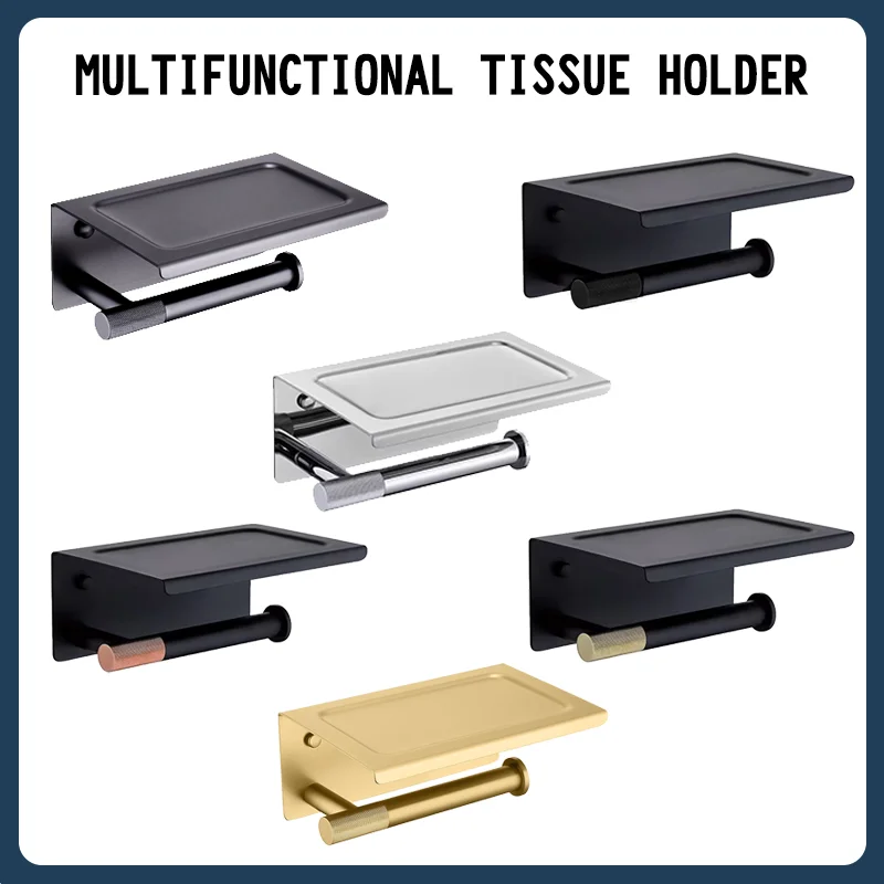 

Black Wall-Mounted Tissue Rack 304 Stainless Steel Mobile Platform Bathroom Hardware Set Brushed Gold