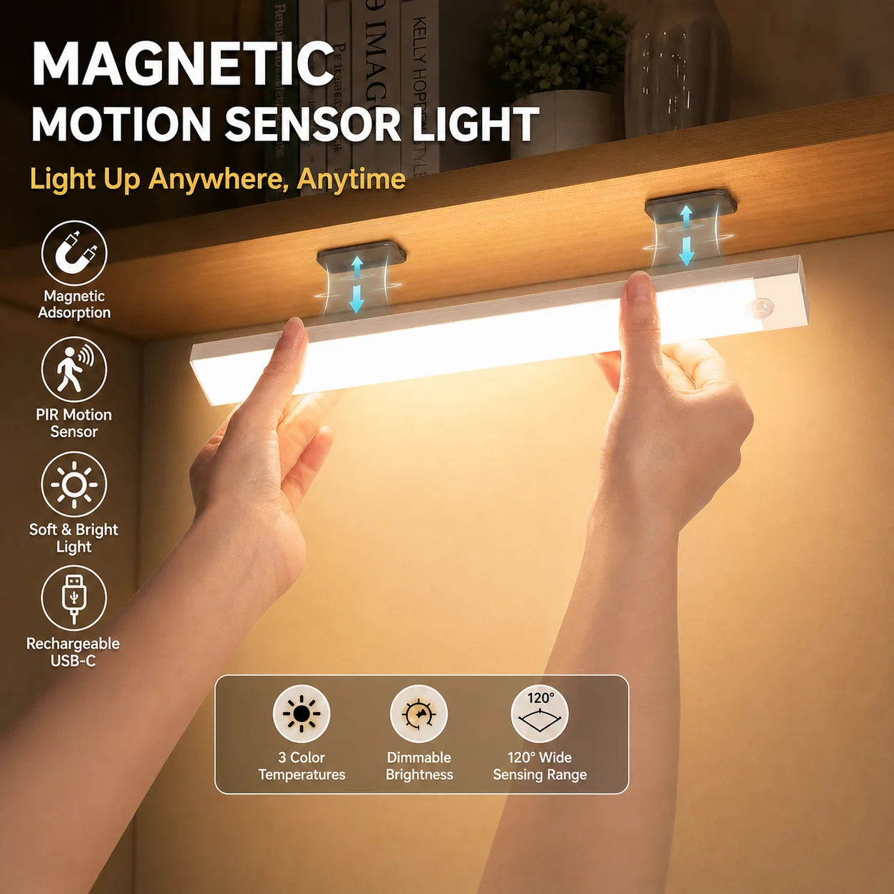 Motion Sensor Light Wireless LED Night Light USB Rechargeable Magnetic Under Cabinet Lamp for Kitchen Wardrobe Stairs Hallway