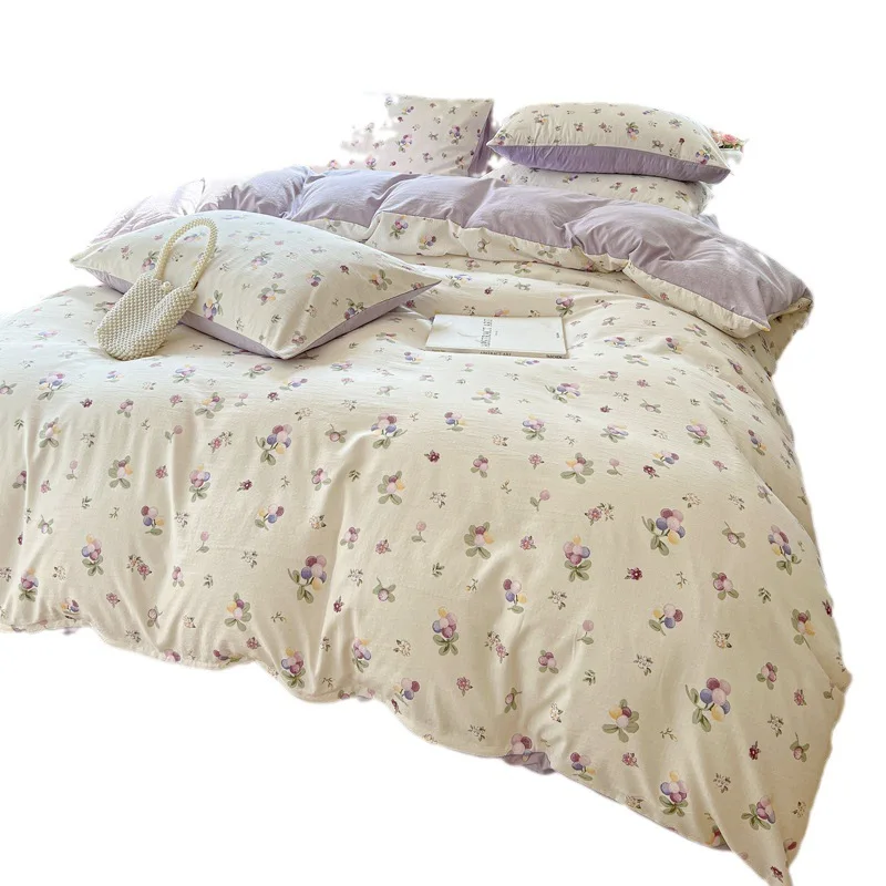 Retro Pastoral Style Bed Sheet Four-Piece Set Seasons Washed Cotton Small Floral Duvet Cover Single Bed Set