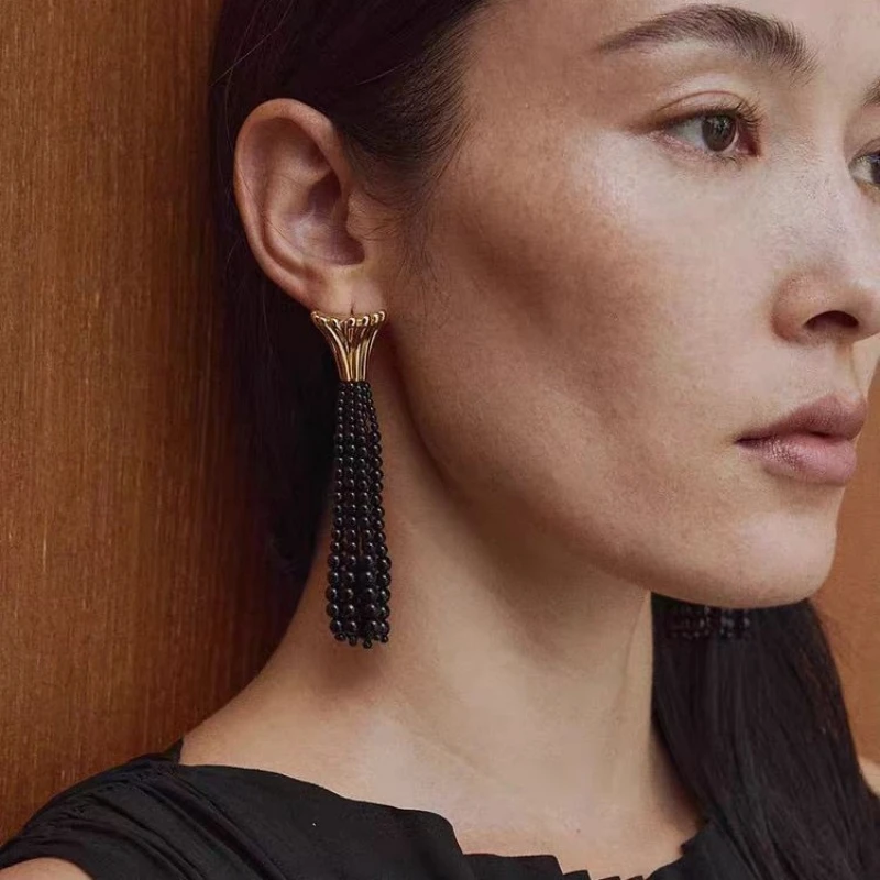 

2026 new tassel black agate earrings classic European and American retro, light luxury, high-quality personalized high-end party