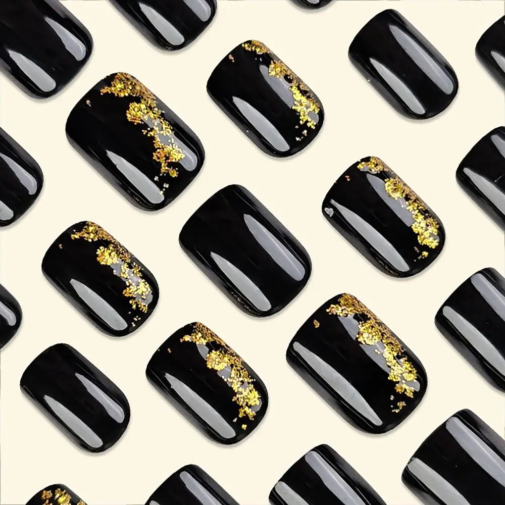 24PCS/BOX Line Rhinrhinos False Nail Gold Tinfoil Gradient Glitter Fake Nail with Jelly Stickers Full Cover Nail Tips
