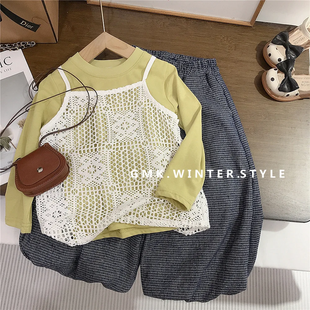 Korean Version of Girls' Hollow Camisole Vest, Layered Fashionable Top, Autumn Style Children's Baby Wide Leg Lantern Pants