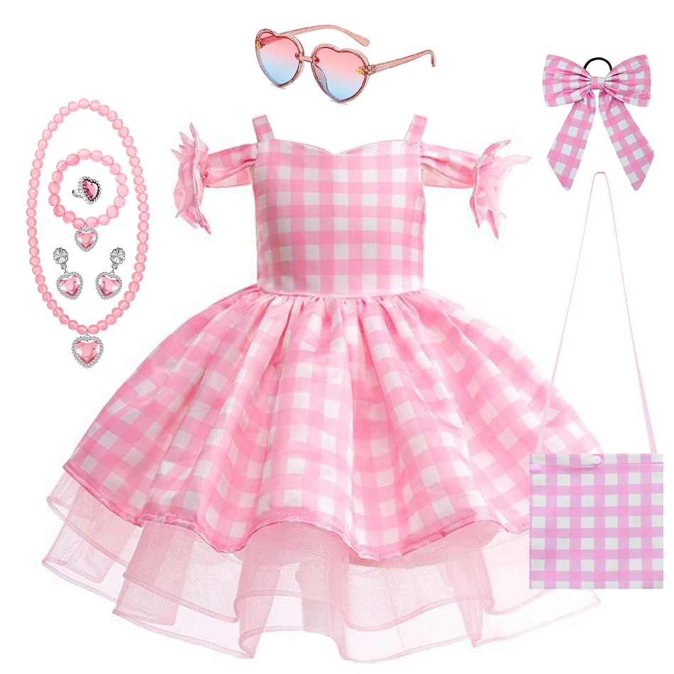

Pink Plaid Cosplay Princess Dress Girls Birthday Halloween Carnival Party Mesh Clothes Children Stage Performance Costumes