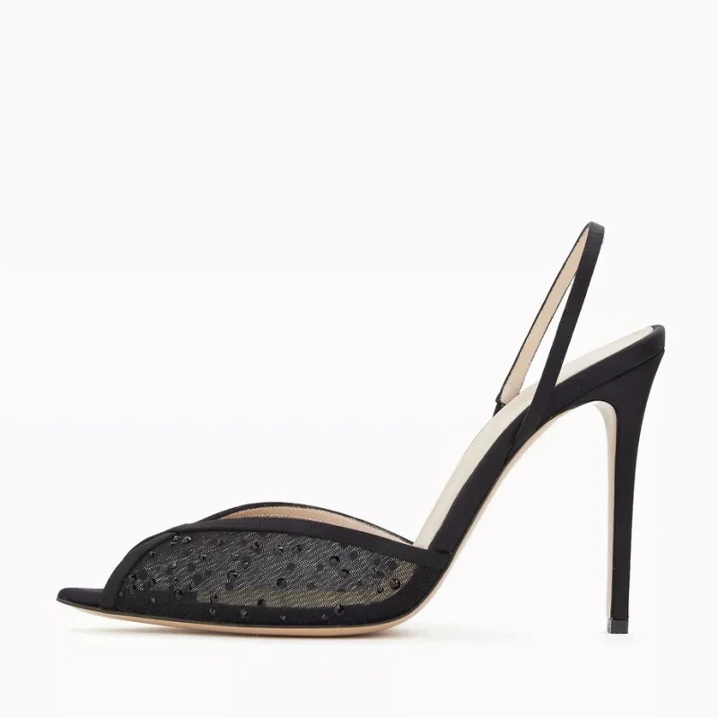 

Arden Furtado Summer black Mesh Crystal Banquet Shoes Pointed-toe Super high heel Back Strap sling back shoes large size Sandals