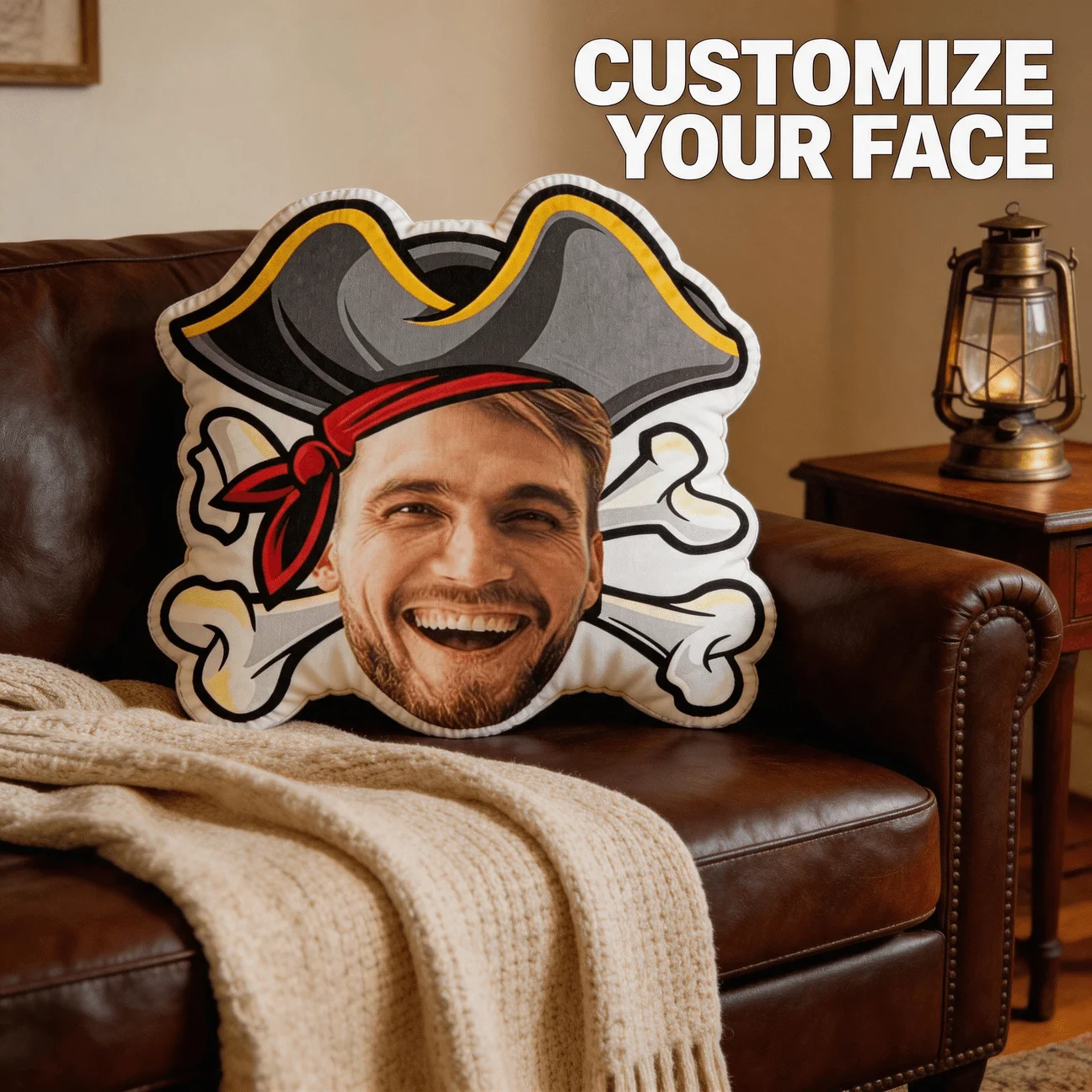 Custom Pirate Face Shaped Pillow, Funny Smiling for Man Photo Decorative Cushion with Hat & Skull Design, Unique Home Decor Gift