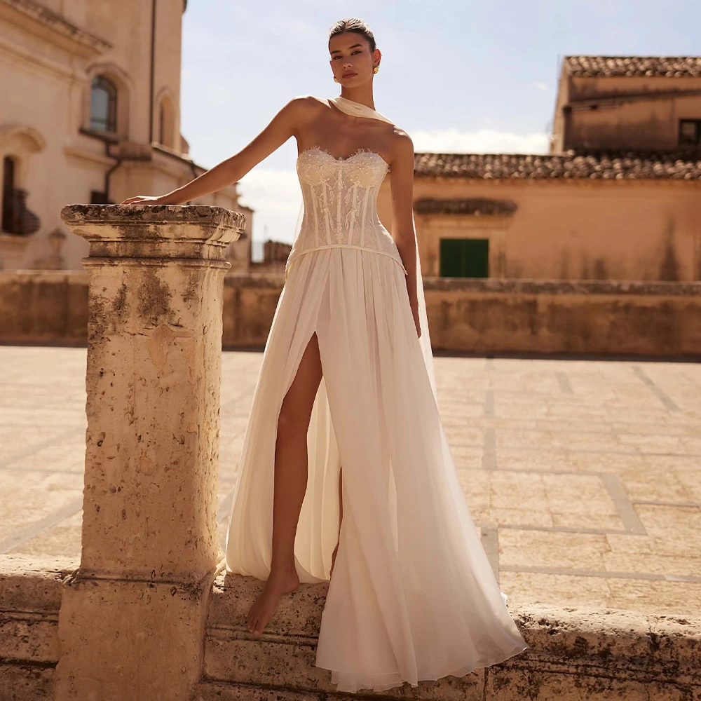 Customized Boho White Chiffon Wedding Dress Formal Sweetheart Sleeveless Bridal Gowns Boho Straight Court Train Vestido De Novia