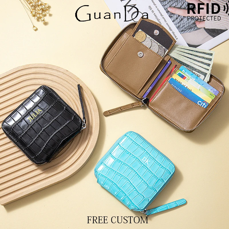 

Custom Name Cowhide Zip Wallet For Woman Crocodile Leather Pattern Card Wallet RFID Engrave Letters Lady Luxury Coin Purse Gift