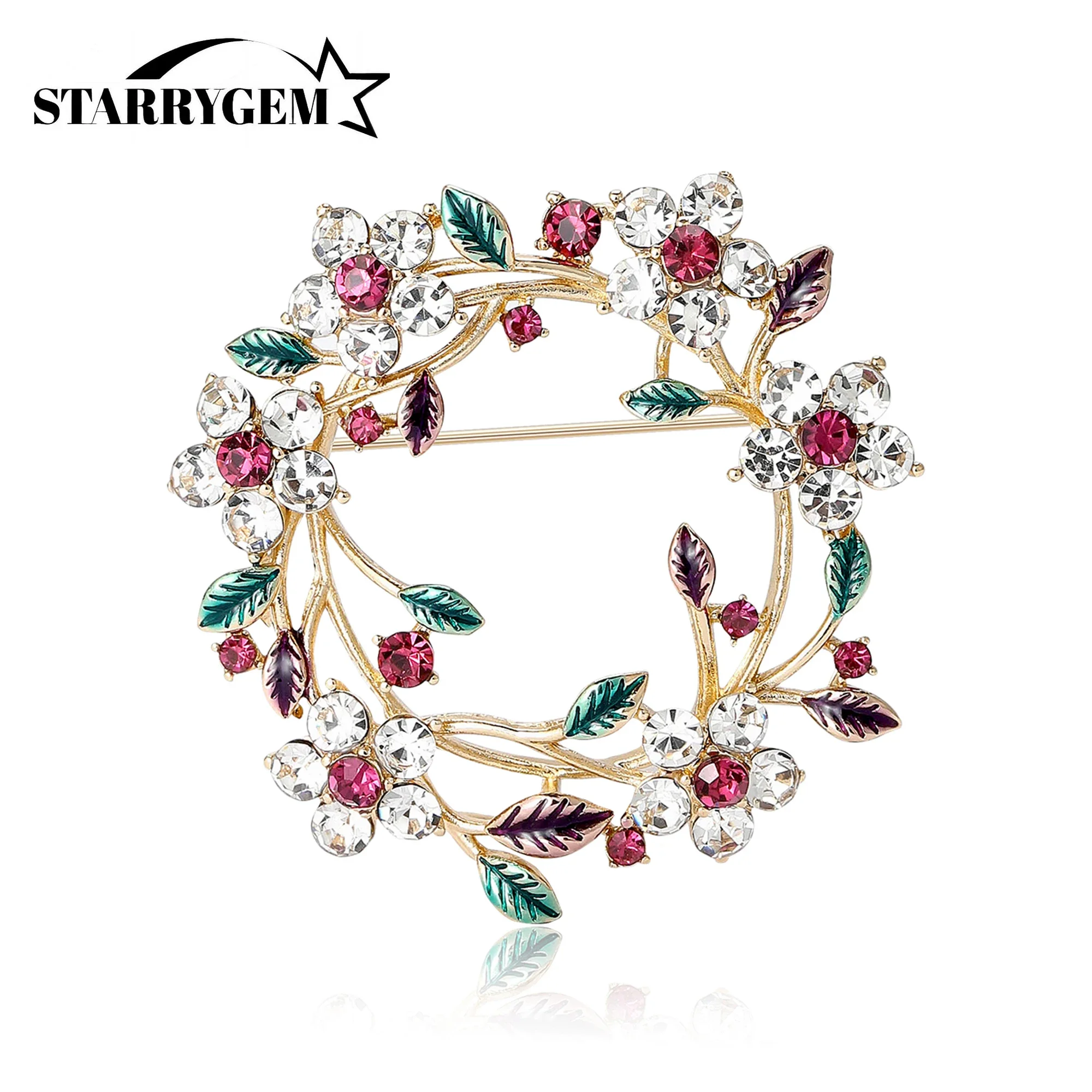 Rhinestone Wreath Brooches for Women Unisex Enamel Botanical Flower Pins Office Party Friend Gifts Jewelry Accessories