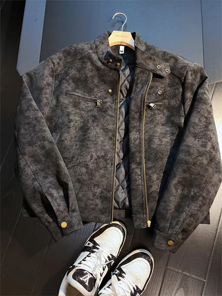 

Thiened Retro American Sle Motorcycle Jaet Men's Winter Cotton Blend Dyeing PU Coat Stand Fit Casual Warmth