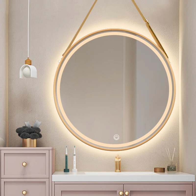 Aluminum Alloy Frame Smart Bathroom Mirror Belt Sling Lanyard Round Hanging Wall-mounted Espejos Decorativos Led Light Mirror