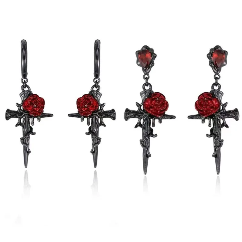 

New Rose Cross Earrings Women, Dark Gothic Thorns Series Ear Buckle Earrings Women
