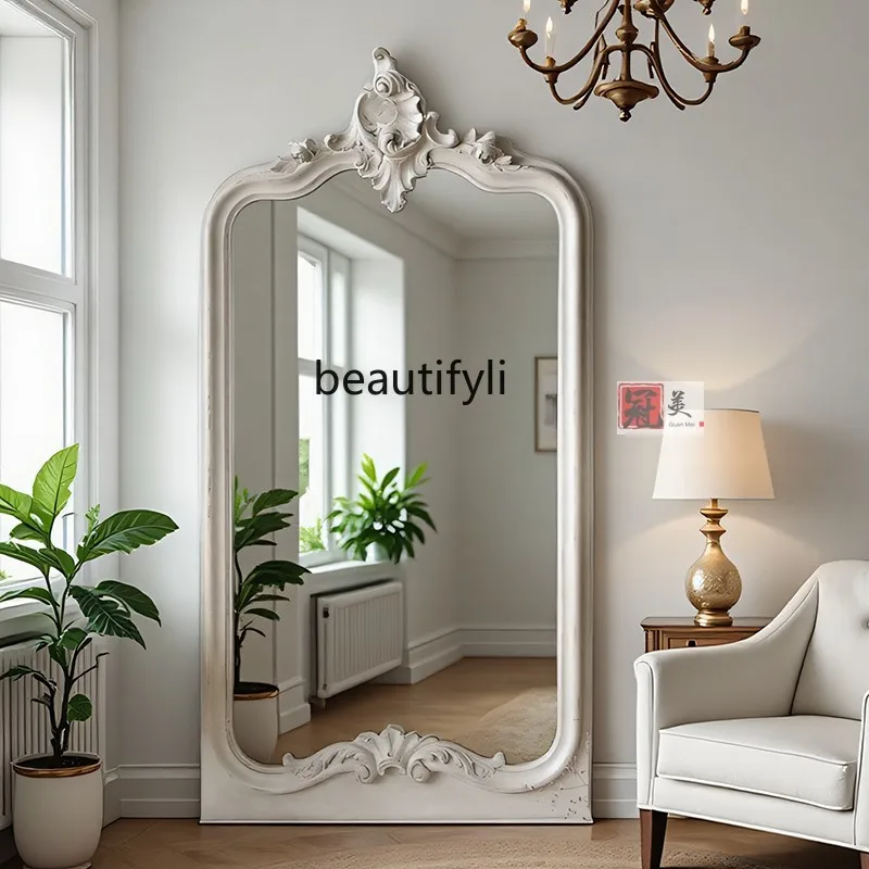

French Retro Carved Full-Length Mirror European Style White Floor-standing Dressing Mirror American Style Clothing Store Bedroom