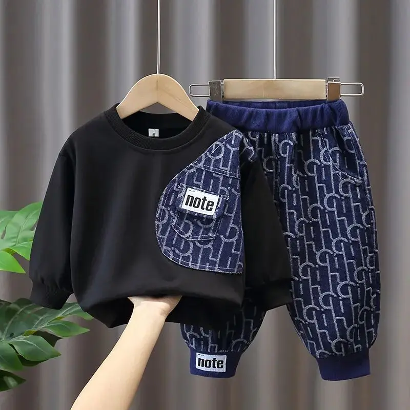 

Kids Boys Clothes Suits Spring and Autumn Clothes Children's Baby Denim Stitching Sweater Pants 2pcs Set Boy Clothing 2 4 6 7Y