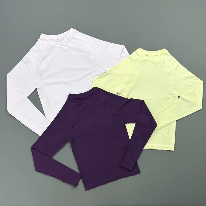 Sports Women Long Sleeve Yoga Top Seamless Quick Dry Round Neck Thumb Holes Workout Slim Fit Clothes Gym Running Fitness Top