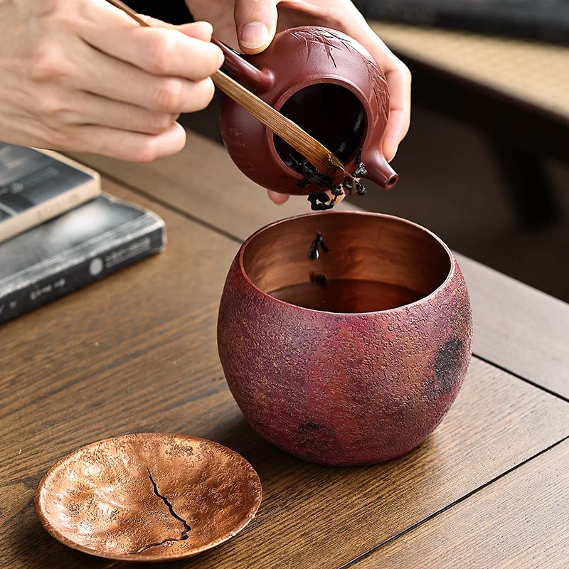 Retro copper tea residue washing tank, water tank with lid, pot bearing, washing desktop storage, Kung Fu tea