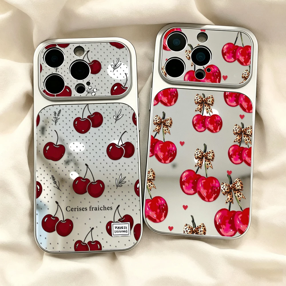 Korean Red Cherry Mirror Phone Case For iPhone 18 16 15 14 13 11 12 17 Pro Max Soft Large Window Shockproof Back Cover Fundas